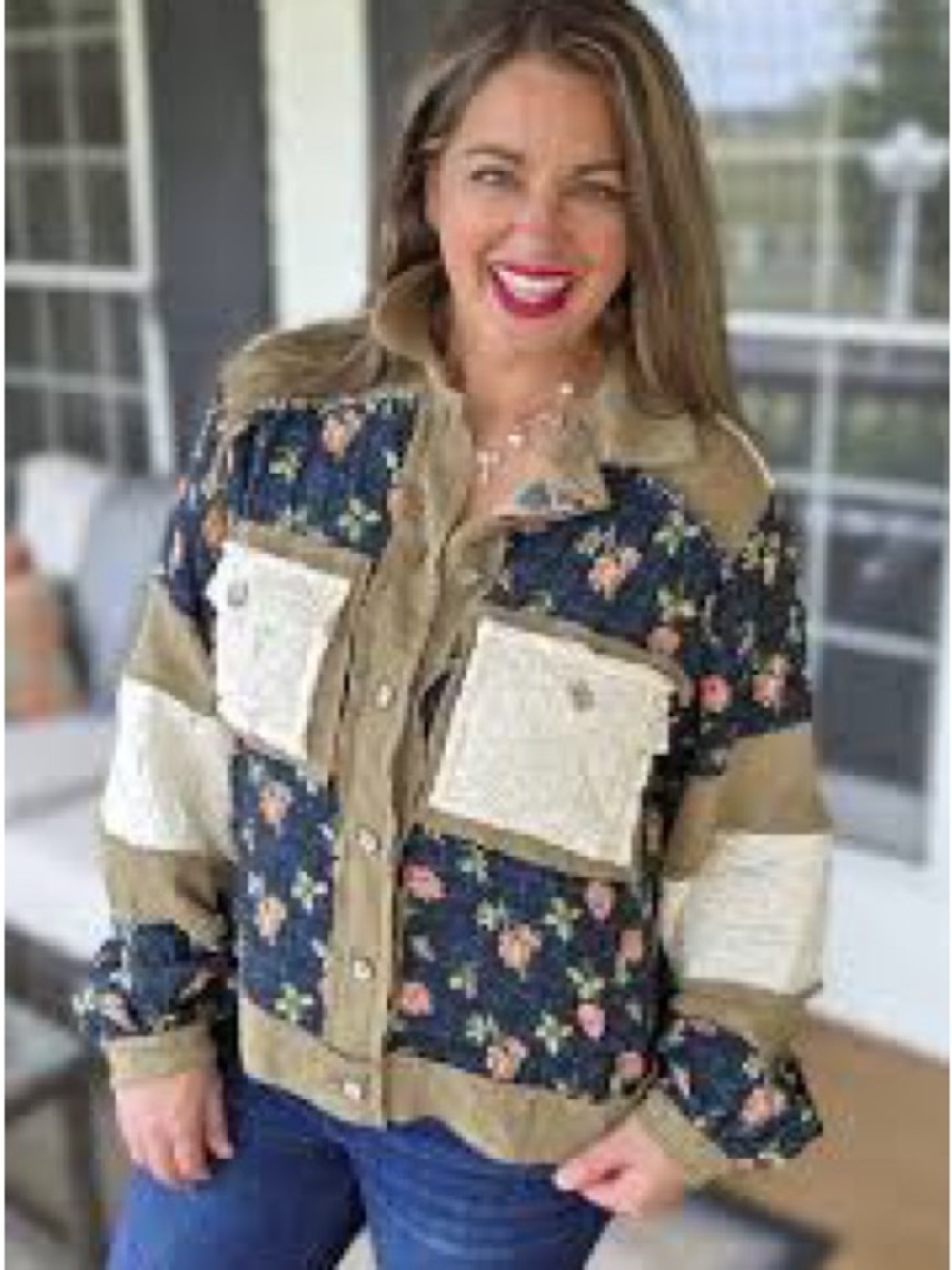 POL Floral Patchwork Jean Jacket - Navy, Tan & Cream